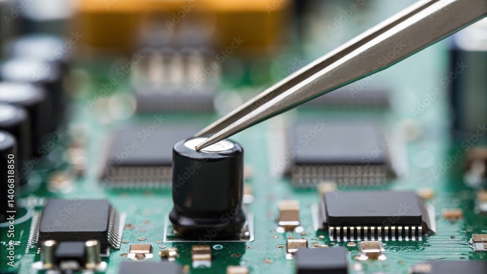 Close-up of a hand using tweezers to manipulate a component on a green circuit board, showcasing intricate electronic technology. Close-up of a hand using tweezers to manipulate a component on a green circuit board, showcasing intricate electronic technology.