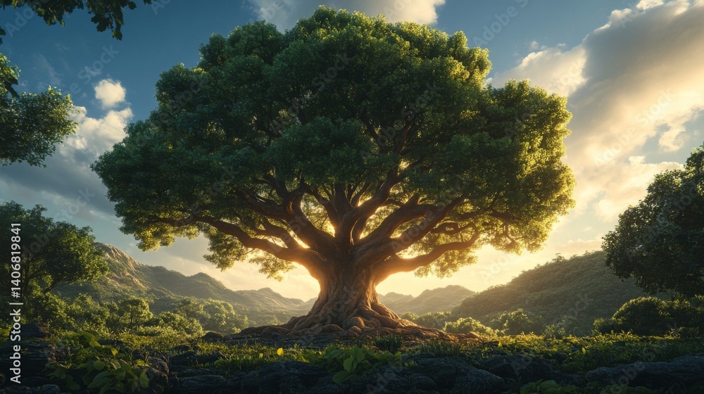 Obraz premium Majestic Oak Tree at Sunset in a Lush Green Landscape