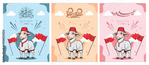 Moroccan Eid al-Adha sheep illustrations wearing traditional attire and red fez hat, standing beside Moroccan flags with festive Arabic calligraphy. Perfect for social media, greetings, and culture-re