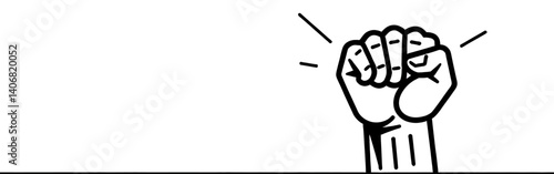 A_black_and_white_image_shows_a_raised_fist_with_lines_emanating_from_it_symbolizing_strength_or_defiance-the_design_is_simple_and_bold