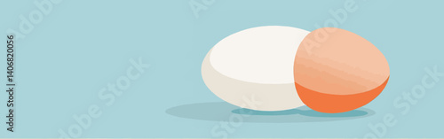 A_minimalist_artistic_illustration_features_two_eggs-one_white_and_one_light_brown-sitting_on_a_light_blue_surface_casting_subtle_shadows