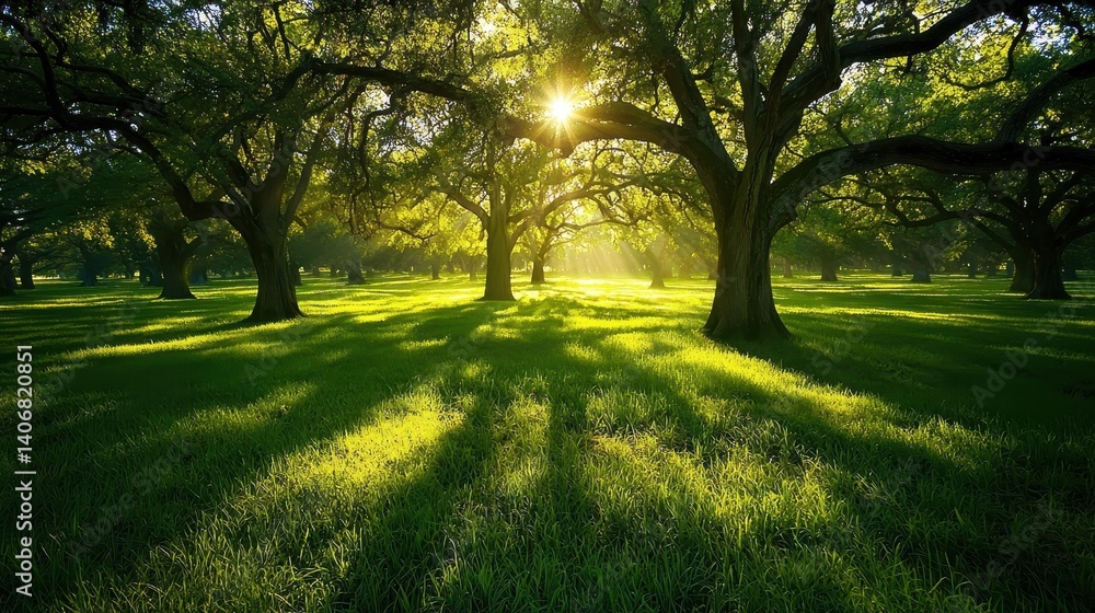 Naklejka premium Sunlit Meadow with Towering Oaks