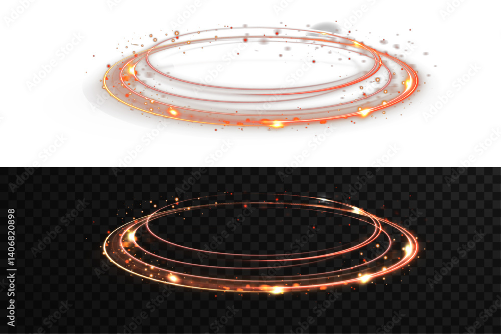 Realistic red rings with glowing light effects and sparkling reflections. Vector illustration featuring elegant circular red elements with smooth gradients and shine. Color circles frame with sparks