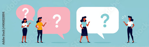 Four-women_stand-next_to-speech-bubbles-containing-question-marks-in-different-colors_against-a-blue_background