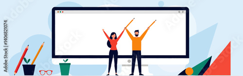 Illustrationof-peoplestandinginfrontofa-large-computerscreen-with-pencils-and-raisingtheirarms-in-celebration-with-backgrounddecorations