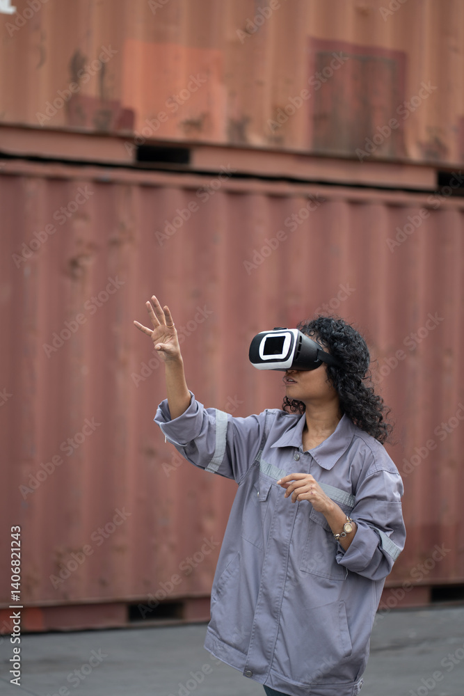 Obraz premium Asia worker woman use VR headset working with checking container at container site 
