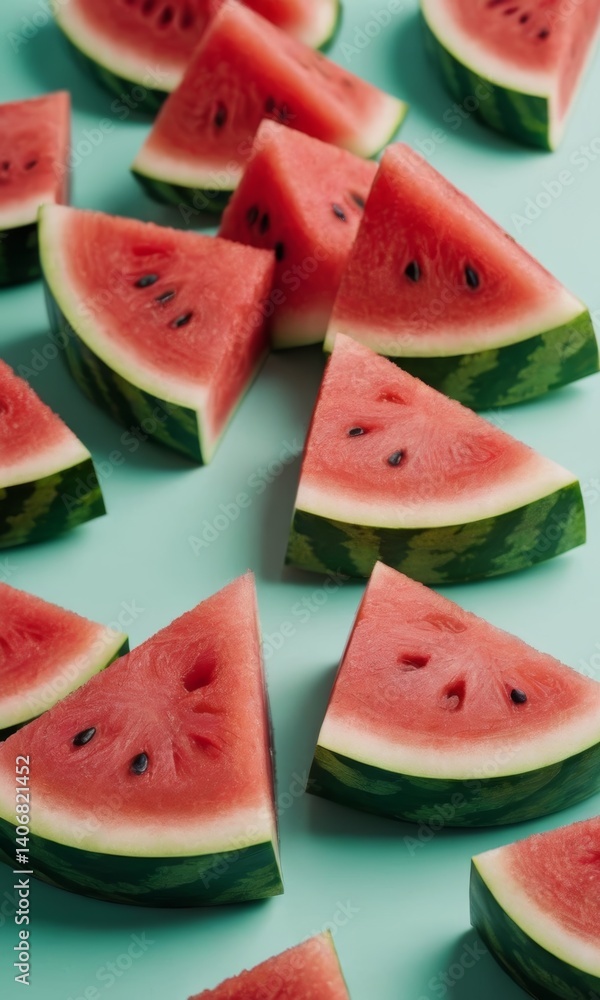Slices of fresh watermelon arranged on a blue surface showcasing juicy red fruit and green rind during summer Slices of fresh watermelon arranged on a blue surface showcasing juicy red fruit and green rind during summer