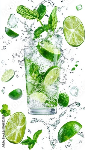 Refreshing Mojito Cocktail with Mint Leaves, Lime Slices, and Ice Cubes Splashing in a Clear Glass on White Background