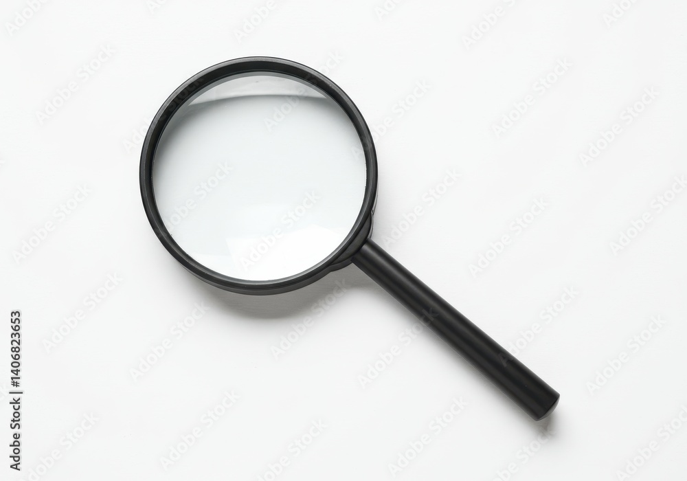 A simple image showing a black magnifying glass on a plain white surface with soft lighting effect A simple image showing a black magnifying glass on a plain white surface with soft lighting effect