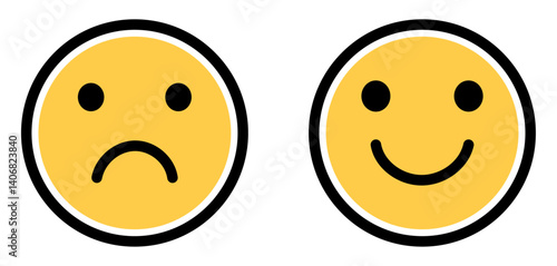 Happy and sad emoji vector icon. Face smile icon positive, negative neutral opinion vector signs symbol. Simple flat shape happy and sad emotion logotype. Yellow smileys with bold outline icon.