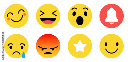 Colorful expressive emoji vector icons set. Variety of emotions including happy, angry, surprised, crying, laughing, blushing, and star face. Vector illustration.