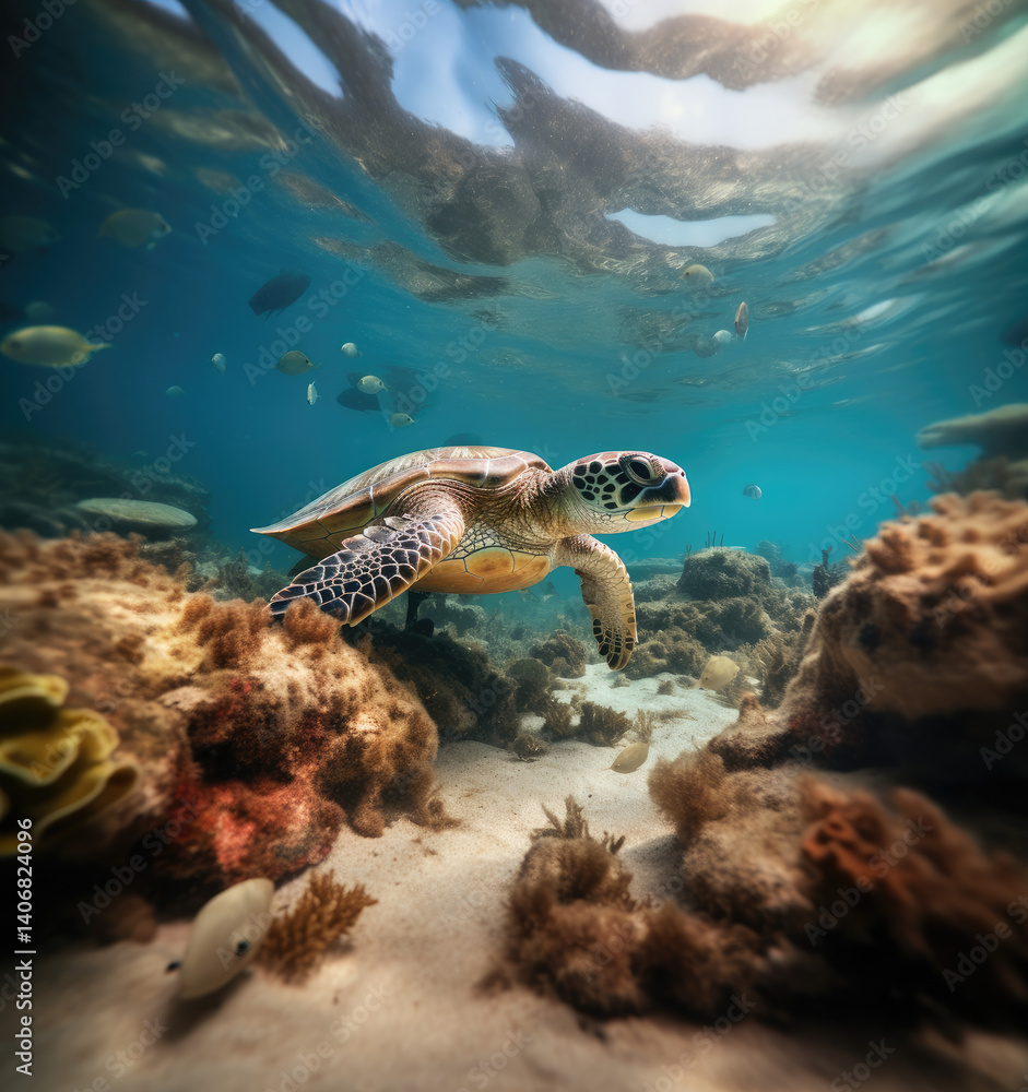 Obraz premium A green sea turtle gracefully swims amidst vibrant coral and various tropical marine life.