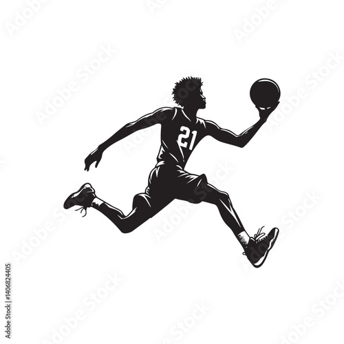 sports uniform basketball player jumping stylized vector silhouette in scoring the ball to the net