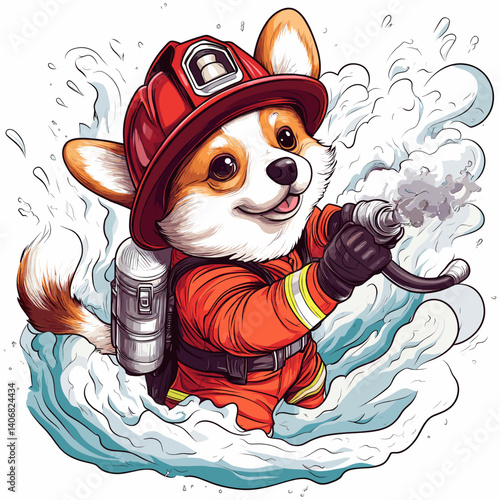 Funny corgi dressed as a firefighter with a red helmet and hose, heroic pose, bold outlines and bright colors