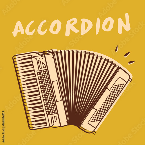 Bold vector illustration of a accordion on a vivid yellow background with expressive lines and hand-drawn text. Ideal for music education, or creative graphic design projects