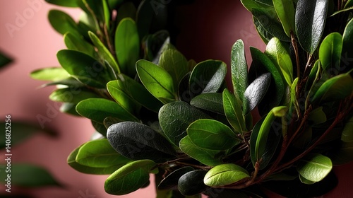 Serene green boxwood plant against pink background