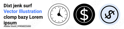 Clock icon for time management, dollar signs for finance and money-related ideas. Ideal for business, budgeting, savings, scheduling, investments, time tracking, simple landing page