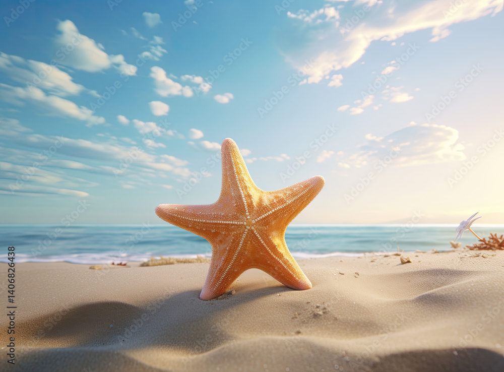 A vibrant orange starfish on a golden beach at dawn, facing a calm ocean. A vibrant orange starfish on a golden beach at dawn, facing a calm ocean.