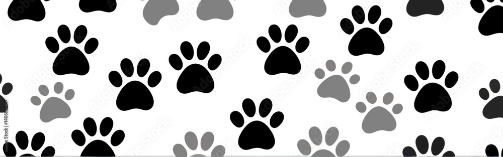 Fototapeta premium A_pattern_of_black_and_gray_paw_prints_scattered_across_a_white_background---cute-and-playful---like_a_dog_or_cat_themed_design