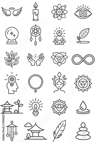 Mystical and Spiritual Symbolism Icon Collection for Wellness Blogs, Meditation Courses, Yoga Instructors, and Mindfulness Applications
