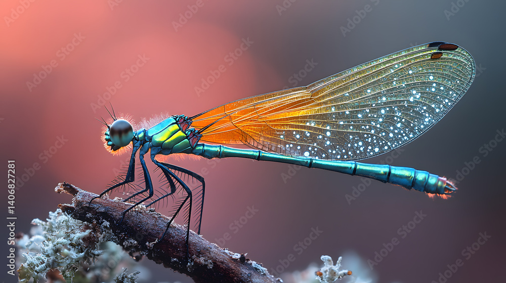Highly detailed close-up photography of a dragonfly resting on a twig, highlighting its translucent, veined wings and iridescent green and blue body in stunning clarity.