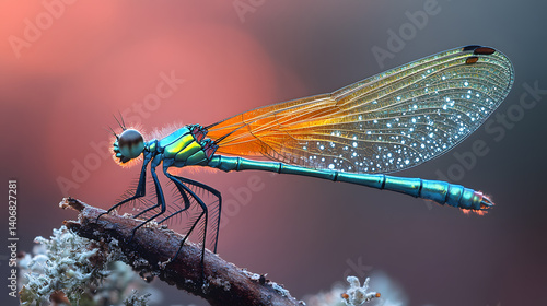 Obraz na płótnie Highly detailed close-up photography of a dragonfly resting on a twig, highlighting its translucent, veined wings and iridescent green and blue body in stunning clarity. w salonie