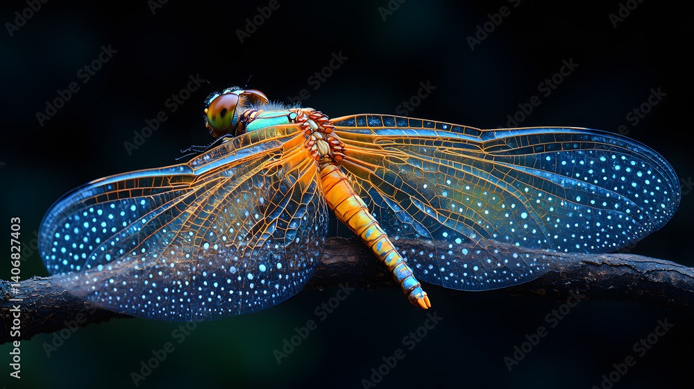 Highly detailed close-up photography of a dragonfly resting on a twig, highlighting its translucent, veined wings and iridescent green and blue body in stunning clarity.