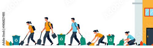 People_clean_up_trash_with_shovels_and_bags-near_recycling_bins-by_a_building-showing_community_effort_in_environmental_responsibility_