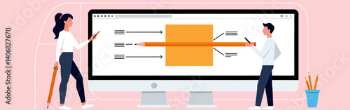 Team-collaborating_on_a_computer_screen-displaying_a_pencil_and_information_flow_diagram-with_a_pink_background_and_pencil_holder_