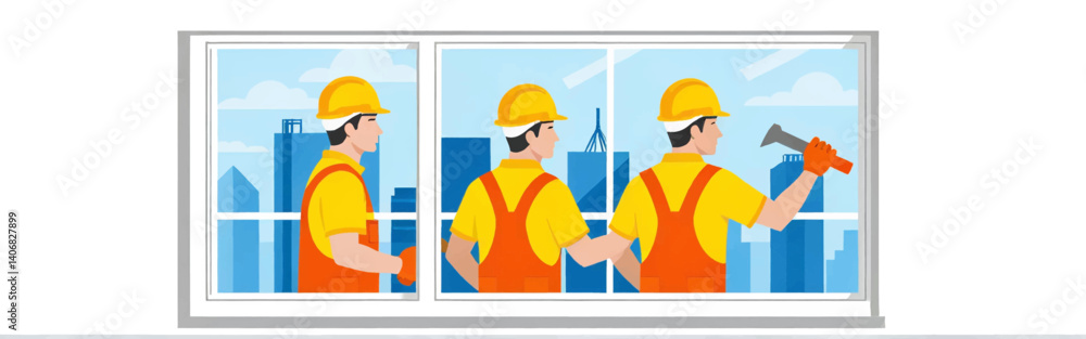 Three-construction-workers-in-yellow-helmets-and-orange-overalls-are-seen-through-a-window_they're-against-a-cityscape-one-holds-a-tool_ Three-construction-workers-in-yellow-helmets-and-orange-overalls-are-seen-through-a-window_they're-against-a-cityscape-one-holds-a-tool_
