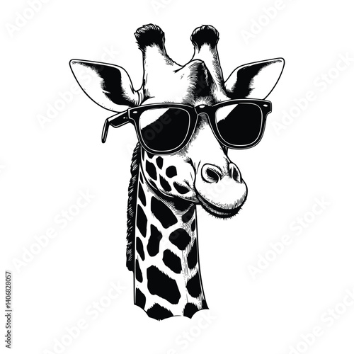 funny giraffe wearing sunglasses. hand drawn giraffe black and white illustration