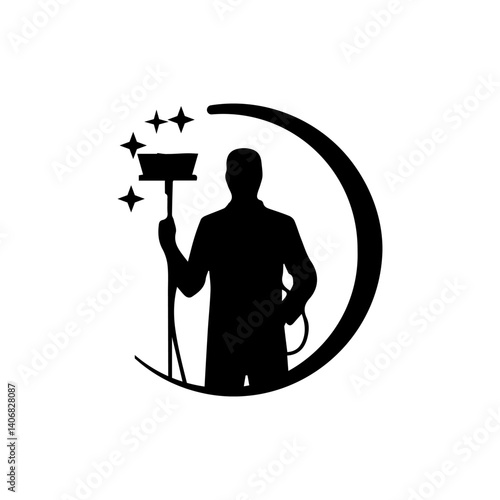 Silhouette of a Cleaning Officer Holding a Broom