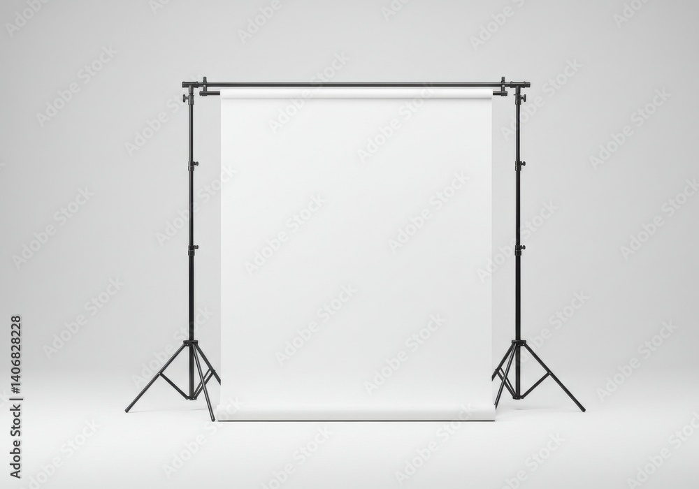 A photography backdrop with white seamless paper and black stands in a studio setting view A photography backdrop with white seamless paper and black stands in a studio setting view