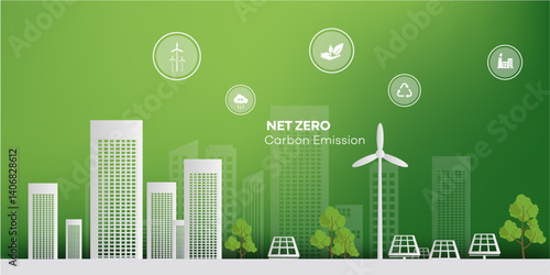 net zero carbon emission concept with icon, green city, solar energy, tree vectors