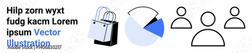 Shopping bags with pie chart and user icons to portray consumer trends, data analysis, e-commerce, shopping habits, marketing, user demographics, and digital retail in a flat landing page banner
