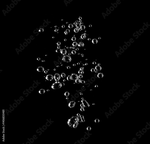 White bubbles, liquid, black background, abstract isolated, oxygen design concept, underwater, water droplets, small under the sea, soda effect, transparent	
