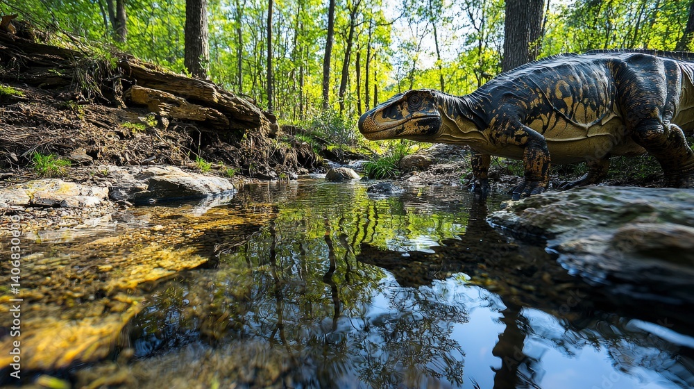 Fototapeta premium Diprotodon exploring a tranquil stream in nature wildlife photography lush green forest close-up view