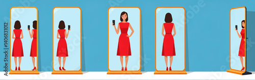 A_woman_in_a_red_dress_takes_selfies_in_five_mirrors_showing_her_front_and_back_views_against_a_blue_background_