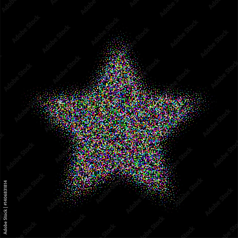 Abstract colorful stipple gradient halftone star, dotted textures of holographic color. Geometric noise star shaped, patterns are made of simple dots and grains. Stipple dotted star illustration