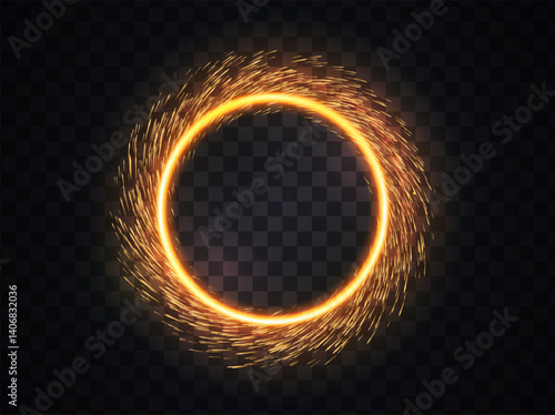Glowing Fire Ring With Spark Particles On Transparent Background. Shiny Magic Circle Frame With Energy Swirl For Light Effect, Portal Or Spell Design. Vector Illustration.