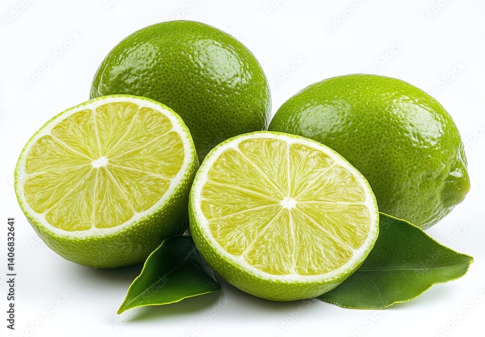 Fresh and Vibrant Green Limes with Slices and Leaves on White Background, Perfect for Culinary and Beverage Use or Healthy Recipes and Cooking Inspiration Fresh and Vibrant Green Limes with Slices and Leaves on White Background, Perfect for Culinary and Beverage Use or Healthy Recipes and Cooking Inspiration