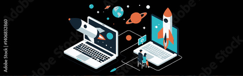 Two_laptops_with_rockets_launching_from_screens_-_one_with_planets_-_and_a_couple_watching_the_other_laptop_-_concept_of_online_business_launch_or_startup_