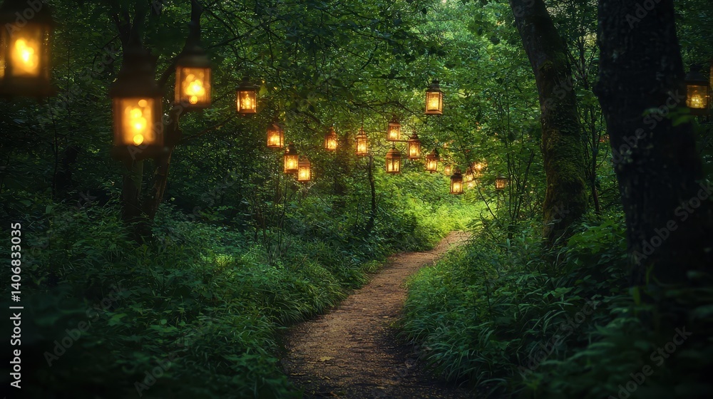Obraz premium Tranquil Forest with Lantern-lit Path