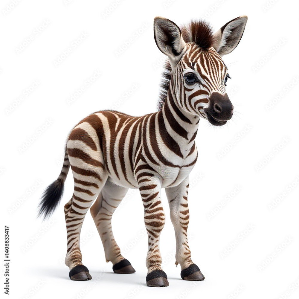 Baby zebra standing, young striped foal, African wildlife, isolated animal image