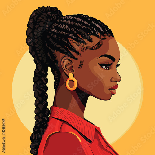 African woman with braided ponytail and side baby hairs, summer-ready style vector illustration
