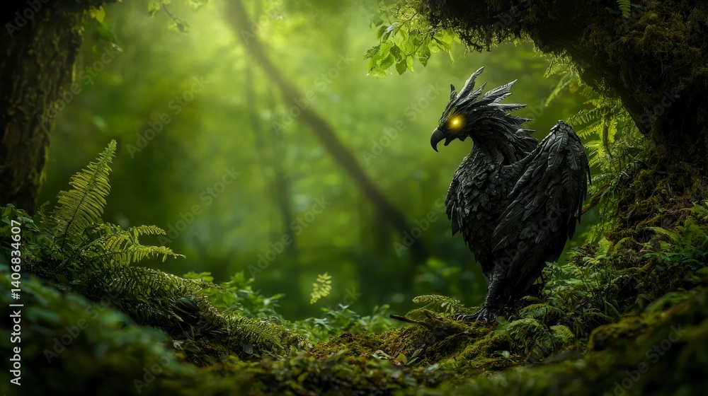 Fototapeta premium Majestic garuda in enchanted forest mystical creature nature scene lush environment captivating viewpoint