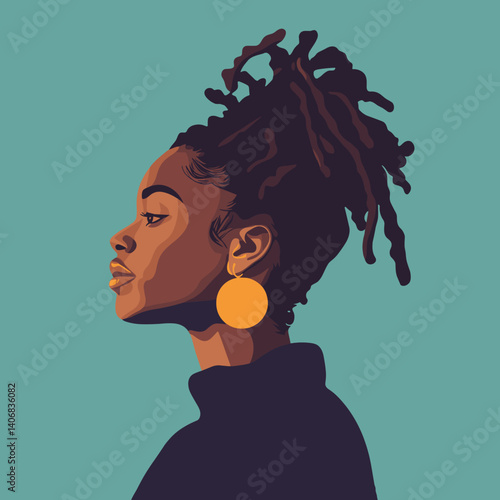African woman with dreadlocks styled into an updo, stylish vector illustration