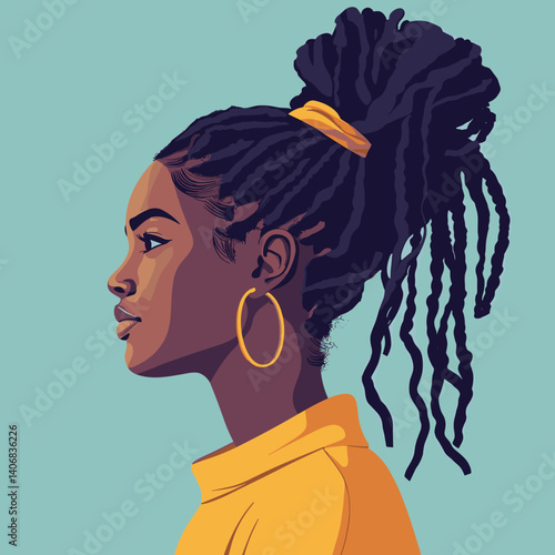 African woman with dreadlocks styled into an updo, stylish vector illustration