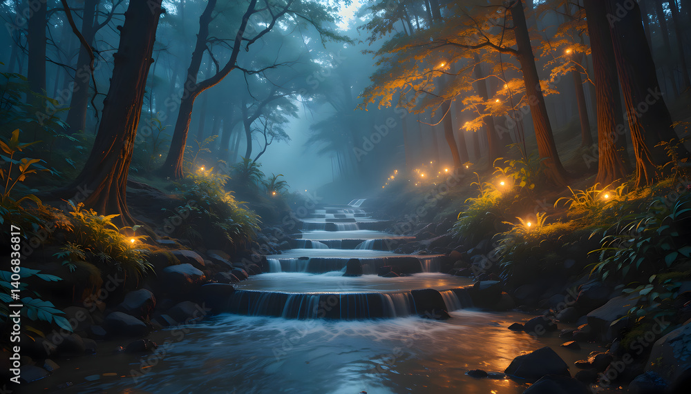 Fototapeta premium Cascading Stream Through Misty Forest with Soft Glowing Lights