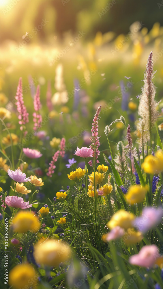 Obraz premium Sunlit Summer Meadow with Blossoming Wildflowers